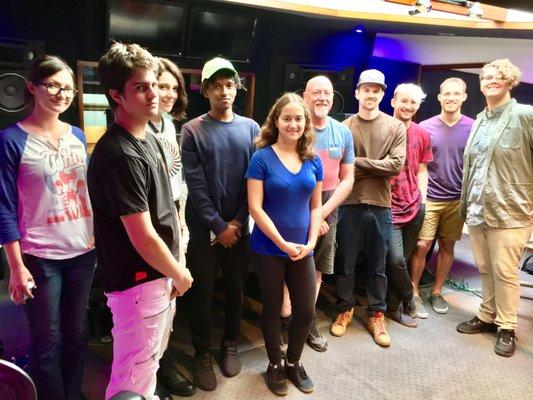 Crē*8 Music Academy Student-Producers take a moment for a quick picture after analog mixing class in Westlake Studio C