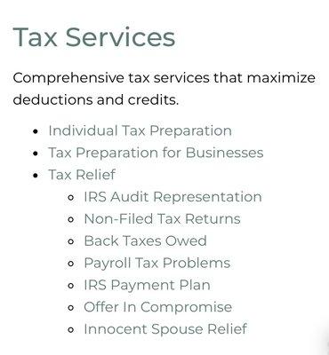 Individual tax preparation, small business tax preparation, assistance with responding to IRS notices.