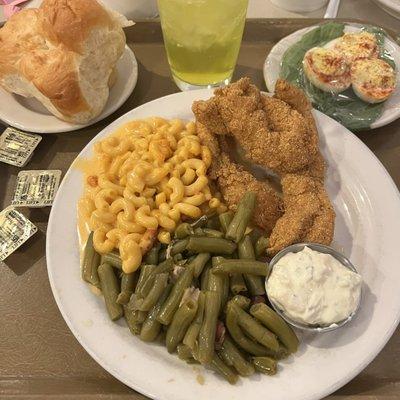 Fried Catfish, Macaroni & Cheese, Green Beans, Deviled Eggs and a Roll.