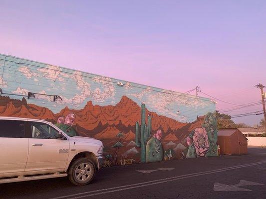 Gorgeous mural on the side of the building. Fun to look at while waiting for your booze!