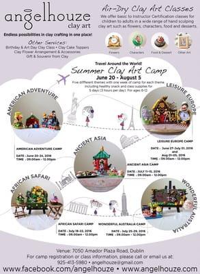 2016 Summer Clay Art Camp- 5 different themes for each week camp for age 6-12 years from Mon-Fri 9am-12pm.