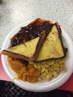 Rib tip dinner with Mac 'n cheese and sweet potatoes