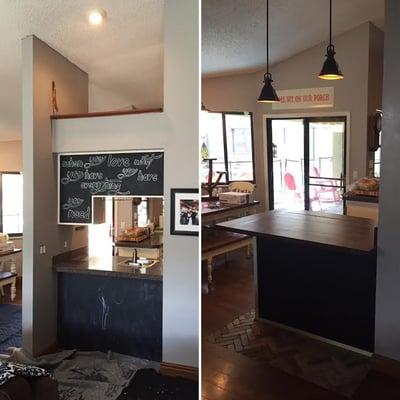 Wall and soffit removal. New lighting. Custom built and stained counter top. New floor and chalk board.