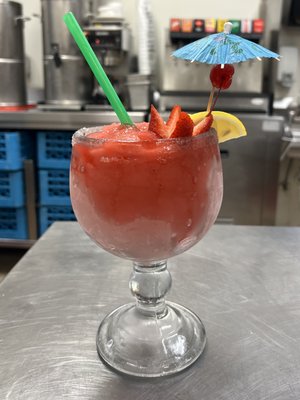 Jumbo Frozen Margarita. 
Strawberry, Lime, Mango, Peach, Watermelon AVAILABLE .