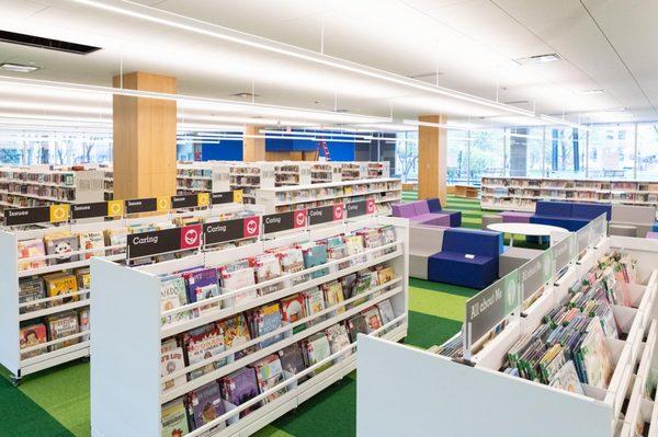 The newly renovated east side of the library, housing our children's items.