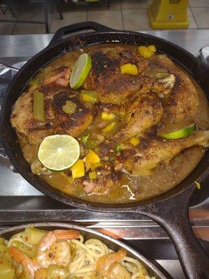 Roasted Jerk Chicken served 
with Candy Yams, Red Beans & Rice  and Hot Water Cornbread. Soooooul Taste Delicious!