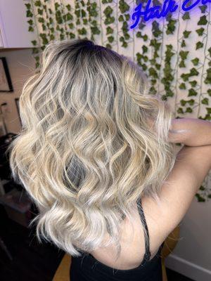 Full blonding balayage with gloss and blowout style