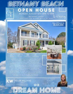 Open House Monday 8/12 3 til 5pmBethany Beach Dream Home