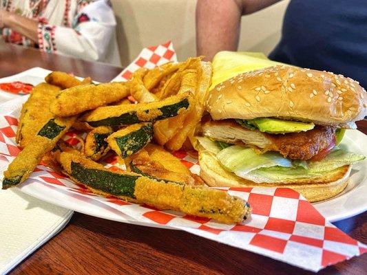 Chicken sandwich with the sample side where you get zucchini, onion rings and fries.