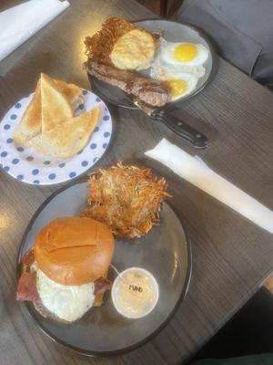 Breakfast burger, steak & eggs, and side of toast