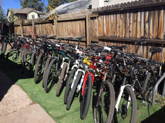 Bikes lined up for repairs