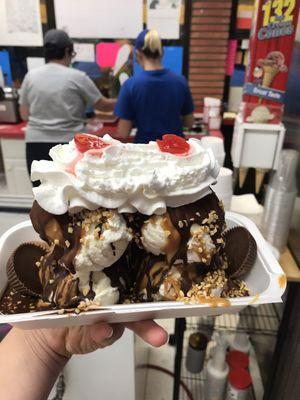 A super PBC sundae with hard vanilla ice cream