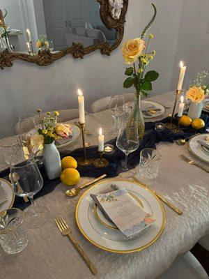 Table set up for the white dinner with Renata Bresciani. The menu on the plate is edible.