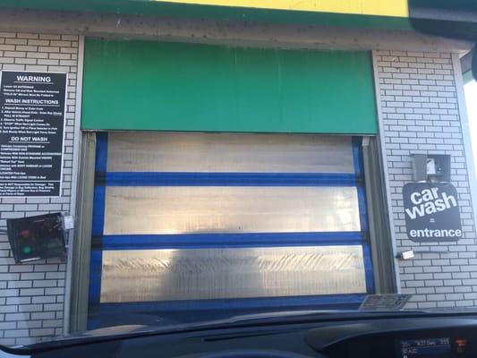 Car wash entrance. Doors close on both ends during the wash.