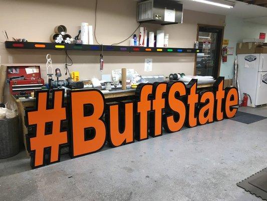 We love our hometown of Buffalo, NY. Here's some large channel letters made for our friends over at Buffalo State College. Go Bengals!