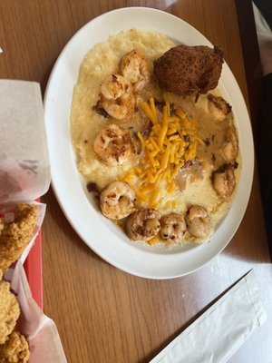 Shrimp and grits with hush puppies