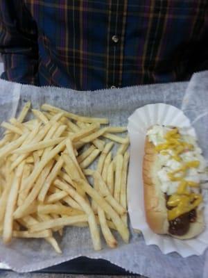 Chili cheese dog with shoestring fries.