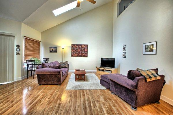 We have several different floor plans, each offering unique features. In this apartment, we have high ceilings and skylights.