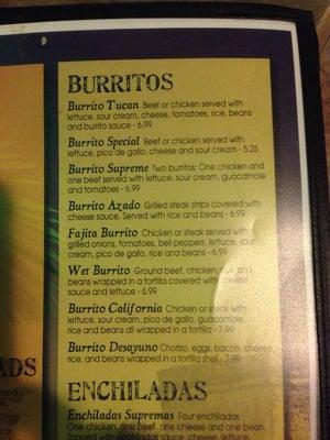 Burrito menu