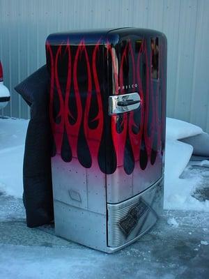 Vintage Philco Refrigerator Airbrushed sheet metal and Corvette cross flag logo with Candy Apple flames