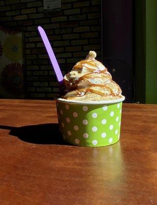 Apple Cobbler Frozen Yogurt with Graham Cracker Crumbs and Caramel Drizzle.