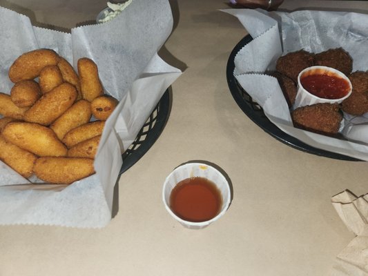 Hush puppies w/honey and crab balls w/cocktail sauce