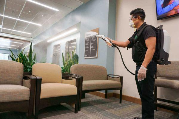 We offer electrostatic disinfecting. This improves the overall coverage of the disinfecting spray.