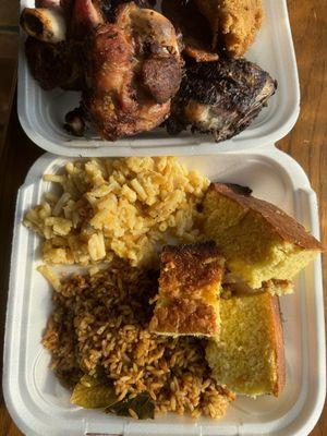 Mac and cheese cornbread jollof rice smoked turkey jerk chicken all for $20