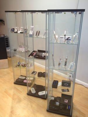 Displays of various vape products and accessories.