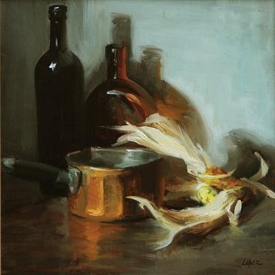 Oil Painting by Leah Lopez , "Bottles, Copper and Corn".