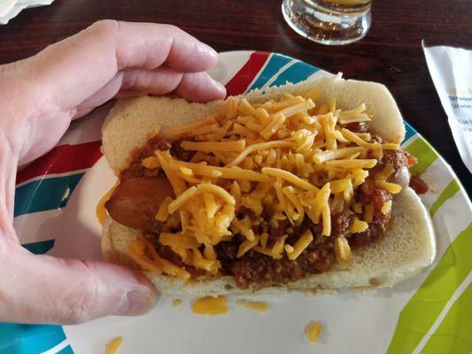 Chili-Cheese dog from The Foggy Wiener hot dog cart,