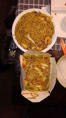 Happy Fortune shrimp lo mein on bottom