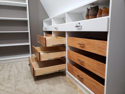 Slanted Ceiling with Custom Drawers Walk-in Closet