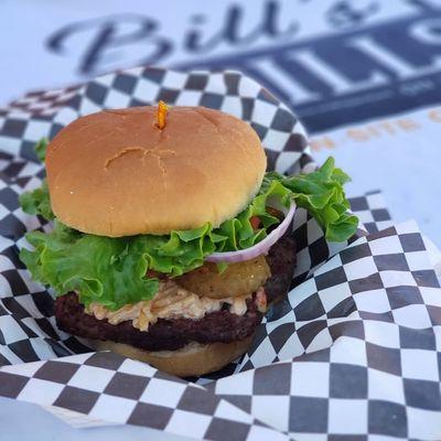 Southern Burger (1/3lb 100% Black Angus Beef Burger topped with Lettuce, Tomatoes, Onions, Pimento Cheese, and Fried Pickles)