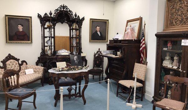 The Victorian Parlor is typical of the upper middle class.  The furnishings cover the period from early to late 19th century.