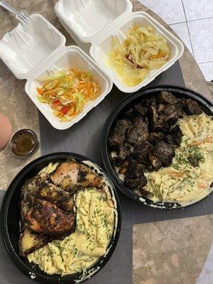 Jerk chicken, jerk pork, Rasta pasta, steamed veggies and side salad