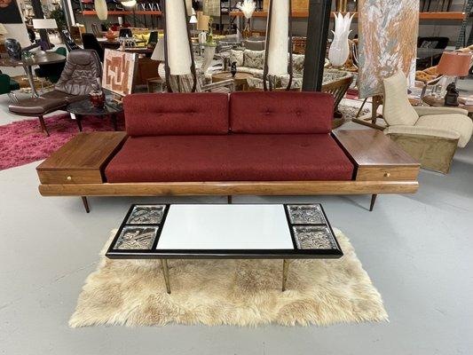 Adrian Pearsall sofa with built in end tables, fully restored.