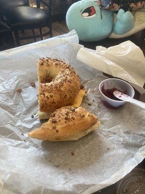 Bacon, egg, and cheese on an everything bagel