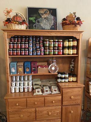 Food pantry. Top craft baskets and hand painted Popcorn Sutton.