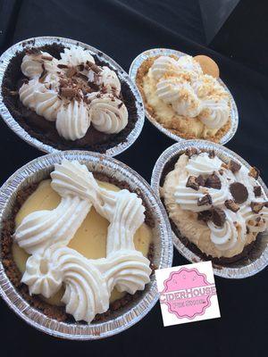 Shown are: chocolate Cream, banana cream, peanut butter pie and KeyLime