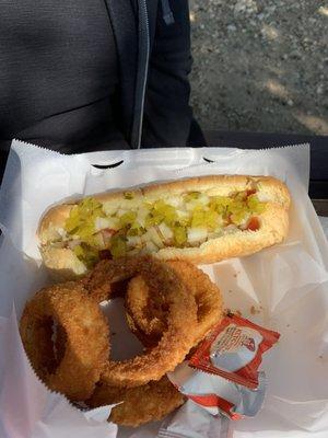 Hot dog and onion rings