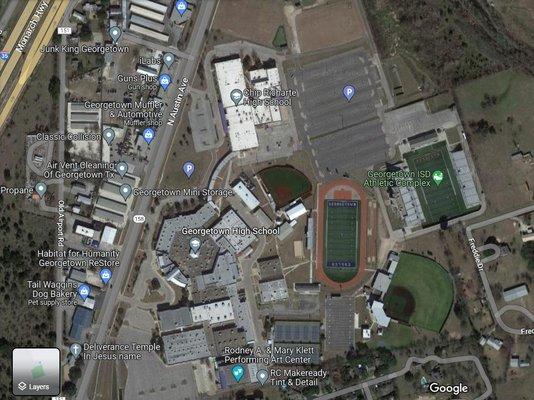 Aerial map view of the Georgetown ISD Athletic Complex, adjacent to Georgetown High School.