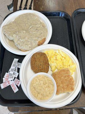 Biscuits and gravy, cheese grits, scrambled Eggs & Country Fried Steak Plate