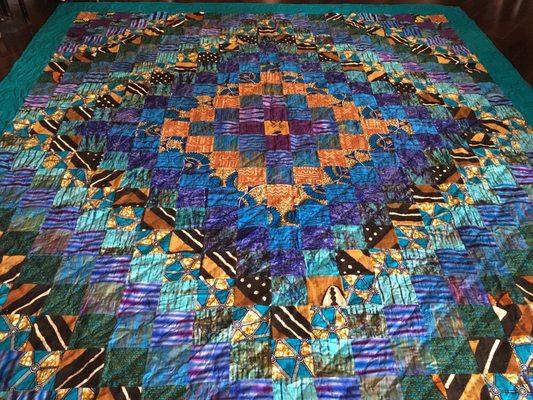 "Turquoise and Mud" Hand-made king size quilt