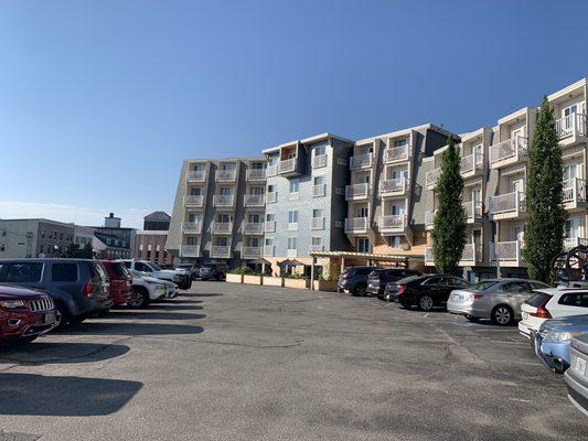 Front of the hotel overlooking vast parking lot