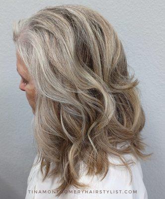 Gray blended with highlights and lowlights into a beautiful cool blonde