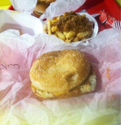 Deluxe Burger All the Way with Chili Cheese Fries on the side.