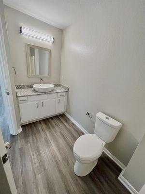 Guest Bathroom has full size shower and tub. Upgraded flooring and countertops!