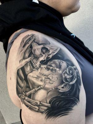 Black and grey, healed tattoo.