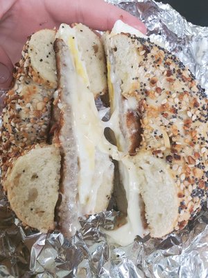 Everything bagel sausage, egg and cheese sandwich with a little mayo. Ask to have it cut in half.